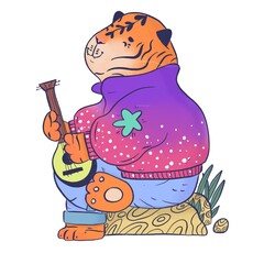 Cute cartoon tiger  plays on a guitar. Character illustration.