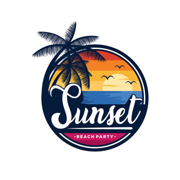 Sunset, Summer beach logo Design