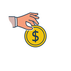 Coin in hand black line silhouette. Vector illustration flat design. Pictogram holding money in palm human. Pay cash. Gold dollar. Isolated on white background. Donat icon. Giving, receiving money