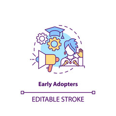 Early adopters concept icon. Product adopters category idea thin line illustration. Creating reviews and feedbacks about purchases. Vector isolated outline RGB color drawing. Editable stroke
