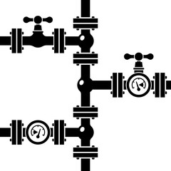 Pipeline background black silhouette. Pipe system with valves for water of gas oil. Vector illustration flat design. Isolated on white industrial background.