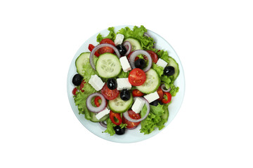 Plate of greek salad isolated on white background