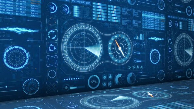 Motion graphic of blue color sonar radar screen searching an object with futuristic head up display ( HUD UI ) technology interface elements graph on 3D abstract background seamless loop video