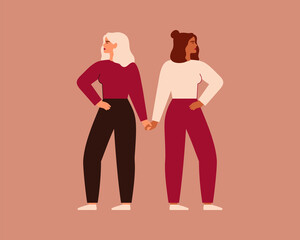 Obraz na płótnie Canvas Two strong women stand together and hold arms. Fearless girls support and help each other. Friendship concept, the union of feminists and sisterhood. Vector illustration