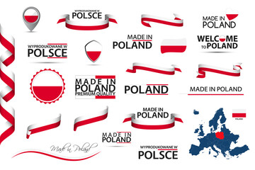 Big vector set of Polish ribbons, symbols, icons and flags isolated on a white background. Made in Poland, premium quality, Polish national colors. Set for your infographics and templates © kurkalukas