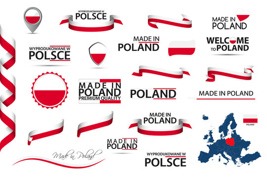 Big vector set of Polish ribbons, symbols, icons and flags isolated on a white background. Made in Poland, premium quality, Polish national colors. Set for your infographics and templates