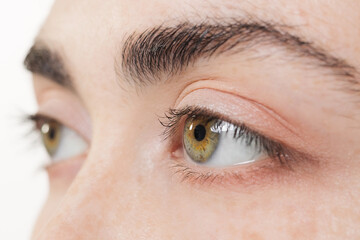 Women's green eyes close up. Side view. Eye Health Concept