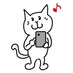 スマホを手に持って操作している白猫の全身