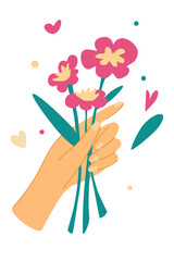 Elegant female hands holding flowers. Cut flowers.  Decorative bouquet, floristic composition with leaves and flourishing. Romantic gift for valentines or mothers day. Vector illustration
