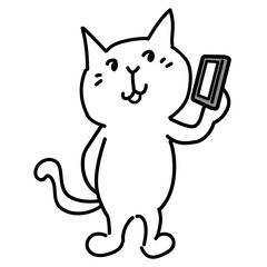 左手でスマートフォンを持って通話している可愛い白猫の全身イラスト