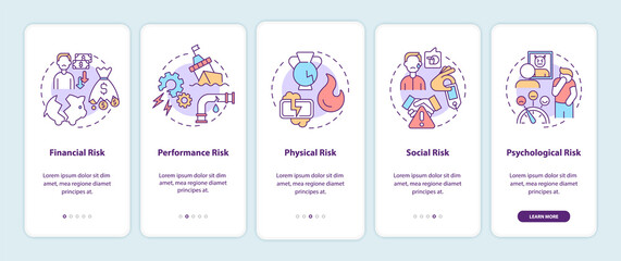 Fototapeta premium Purchase risk factors onboarding mobile app page screen with concepts. Financial, physical risks walkthrough 5 steps graphic instructions. UI, UX, GUI vector template with linear color illustrations