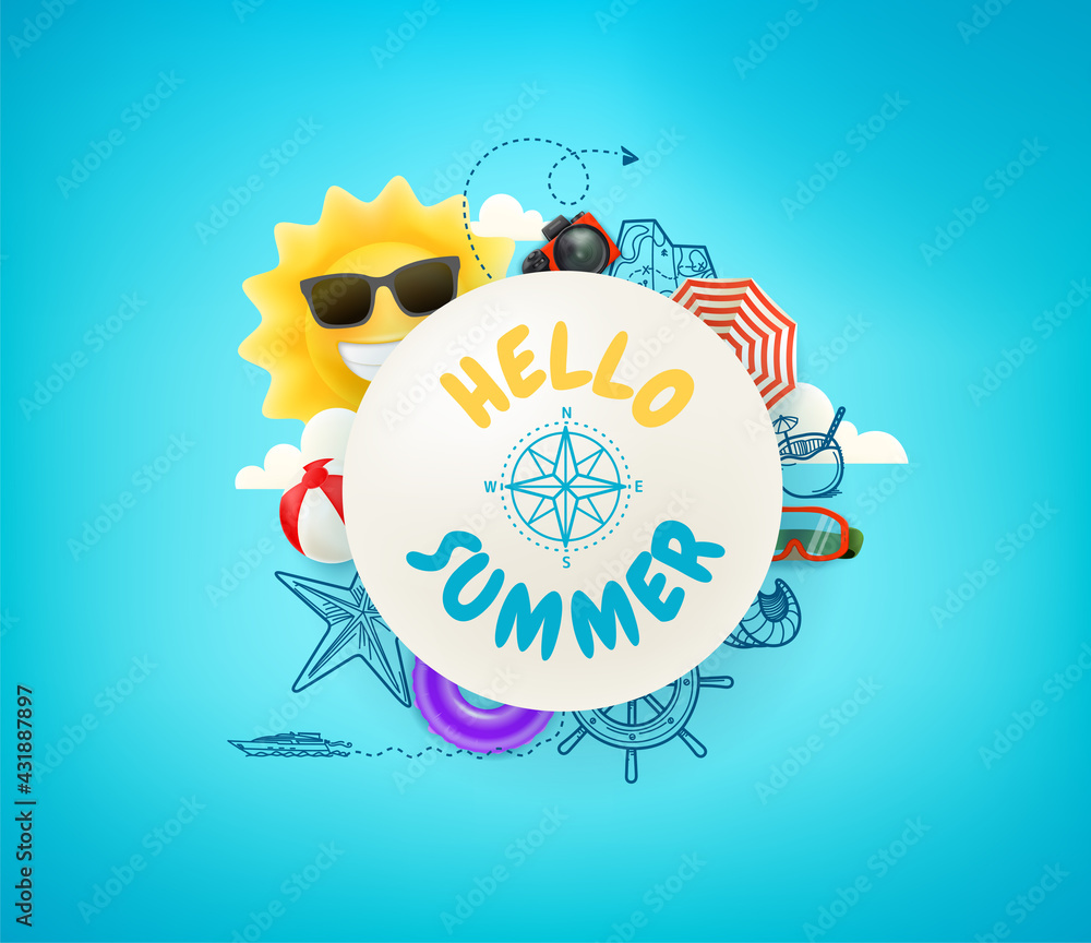 Aufkleber hello summer vector banner with frame, beach stuff and doodling elements