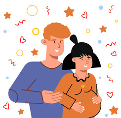 Happy married couple waiting for a child. A man hugs a pregnant woman. Husband and wife. Pregnancy. Vector illustration in flat style.