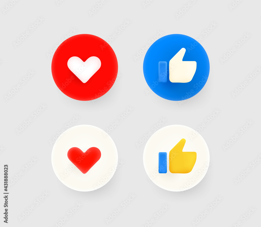 Poster Thumb up and heart social media reaction 3d buttons. Useful for web and mobile applicatiions
