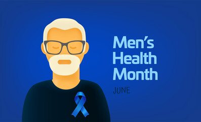 International Mens Health Month. Celebrated Every June. Old man with blue ribbon
