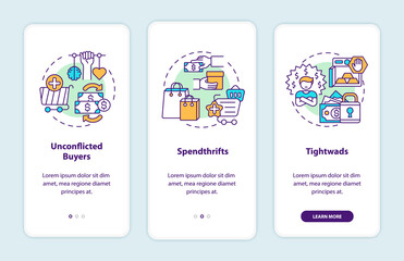 Obraz na płótnie Canvas Buyers types onboarding mobile app page screen with concepts. Spendthrifts, tightwads walkthrough 3 steps graphic instructions. UI, UX, GUI vector template with linear color illustrations