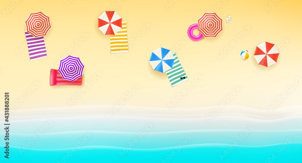 Poster bright sunny beach with color umbrellas and towels. top view