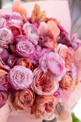 Obraz na płótnie Canvas bouquet of flowers, bouquet, buttercups, ranunculus, roses, bush rose, eucalyptus, peony rose