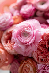 Fototapeta premium bouquet of flowers, bouquet, buttercups, ranunculus, roses, bush rose, eucalyptus, peony rose