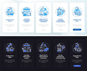 Career change steps onboarding mobile app page screen with concepts. Improve yourself walkthrough 5 steps graphic instructions. UI, UX, GUI vector template with linear night and day mode illustrations