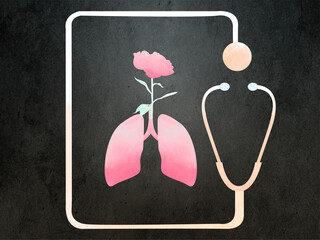 Medical stethoscope near lungs and a flower symbolizing life and health