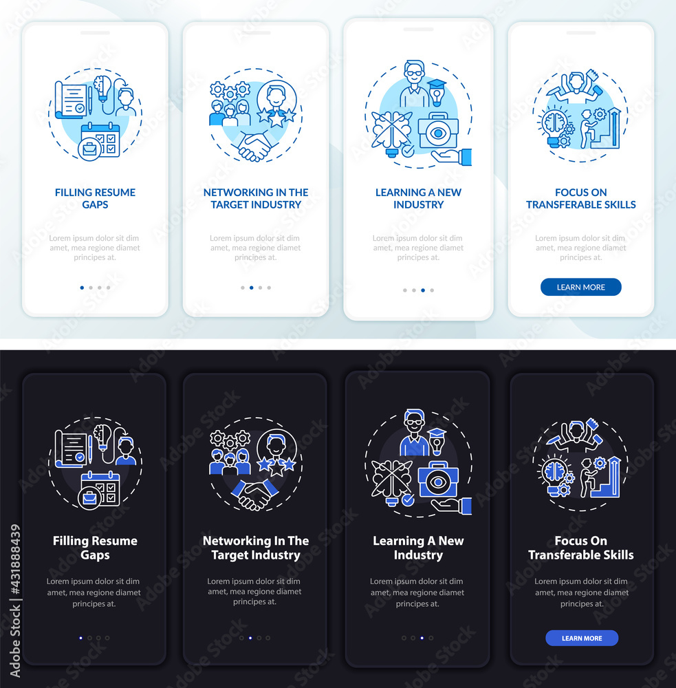 Poster transition job pros onboarding mobile app page screen with concepts. benefits walkthrough 4 steps gr