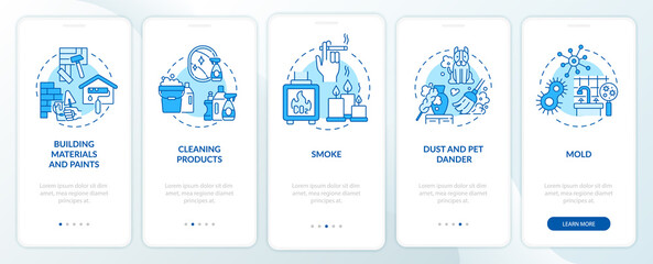 Fototapeta na wymiar At-home air pollution onboarding mobile app page screen with concepts. Building materials, paints walkthrough 5 steps graphic instructions. UI, UX, GUI vector template with linear color illustrations