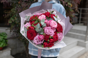 bouquet of roses, red roses, basket of red roses, rose, roses, flower shop