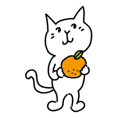 オレンジを持った可愛い白猫の全身イラスト