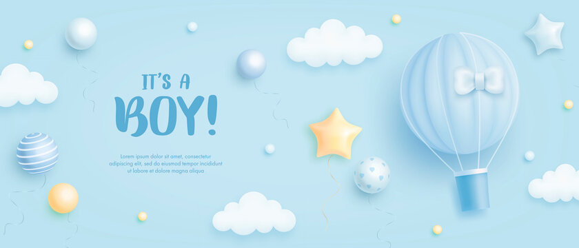 Baby shower horizontal banner with cartoon hot air balloon, helium balloons and clouds on blue background. It's a boy. Vector illustration