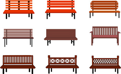 Outdoor wooden benches. isolated on white background. brown vector bench in flat style. Set Vector illustration.