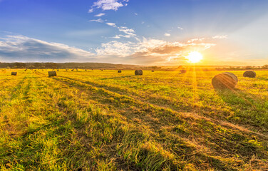 Scenic view at beautiful sunset in a green shiny field in village farm with hay stacks, cloudy sky, golden sun rays, anazing summer valley evening landscape