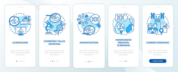 Fototapeta na wymiar Genetic diseases testing blue onboarding mobile app page screen with concepts. Diagnostics walkthrough 5 steps graphic instructions. UI, UX, GUI vector template with linear color illustrations