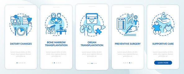 Fototapeta na wymiar Genetic diseases treatment blue onboarding mobile app page screen with concepts. Healthcare walkthrough 5 steps graphic instructions. UI, UX, GUI vector template with linear color illustrations