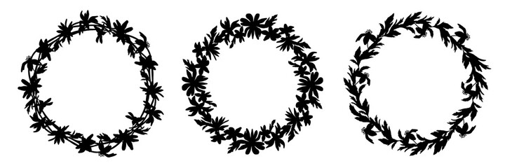 Naklejka premium Set of vector wreaths in black ink on a white background. Flowers and herbs are hand-drawn. Anemone, primrose, snowdrop. Botany and flora. Round design for medicine, postcards, cosmetics.