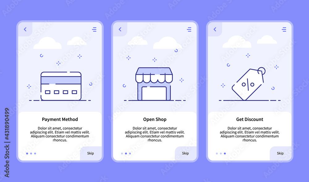 Poster commerce onboarding payment method open shop get discount for mobile app banner template with dashed
