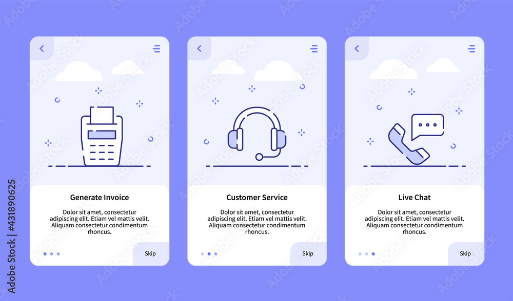 Aufkleber commerce onboarding generate invoice customer service live chat for mobile app banner template with 