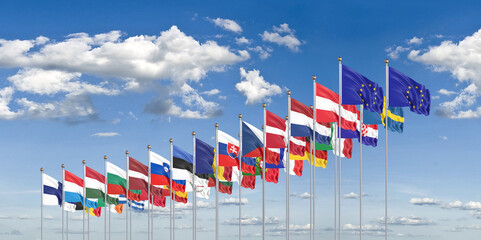 27 waving flags of countries of European Union (EU). Cloud background. 3D illustration.