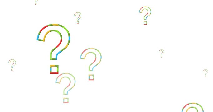 Illustration of multiple question marks with blue, green and yellow outline on white background