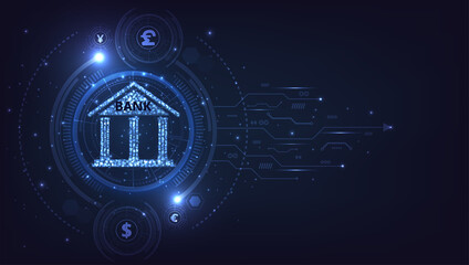 Online banking and money transaction concept.Foreign exchange Bank icon and Capital flow on dark blue technology background.