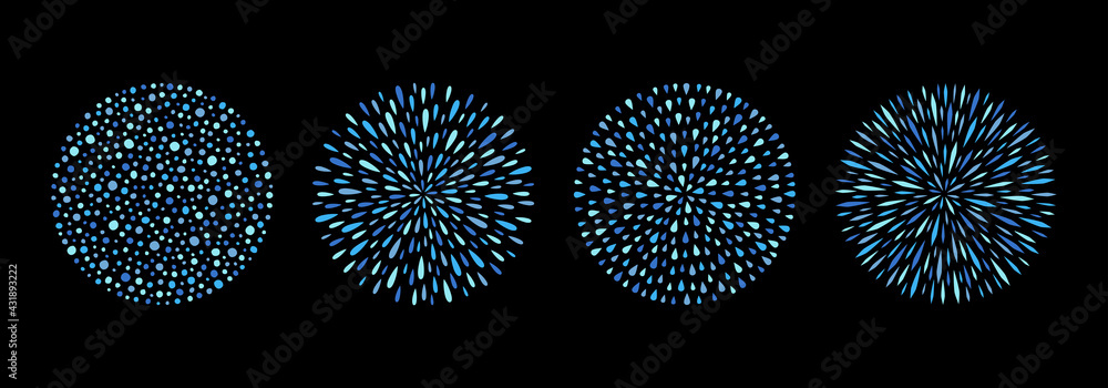 Poster round backgrounds set, patterns collection. circle shape made of drops, droplets, uneven dots, paint