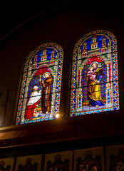 Obraz premium Jerusalem, Israel - 28 April 2021: Thestained glass in the Austrian Hospice of the Holy Family, a refuge for itinerant pilgrims, was opened in 1854 by the Catholic Church of Austria in the Holy Land.