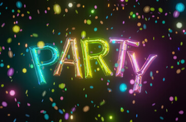 word PARTY with balloons and confetti falling