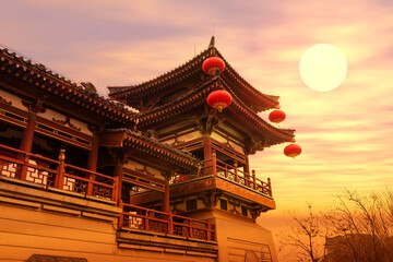 chinese temple qing long temple,xi an,china in sunset