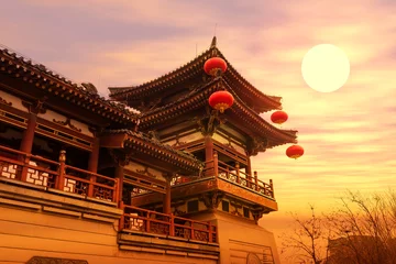 Papier Peint photo Lieu de culte chinese temple qing long temple,xi an,china in sunset