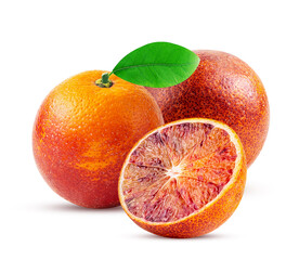 Two red blood orange one cut in half with leaf