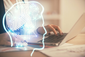 Multi exposure of woman hands working on computer and human brain hologram drawing. Ai tech concept.