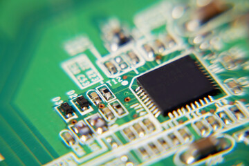 Computer chip, motherboard, futuristic circuit board with electrons, macro