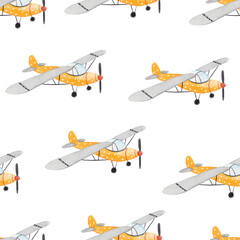 Watercolor cute hand-drawn seamless repeating children simple pattern with aircraft in Scandinavian style on a white background. Kids seamless pattern with planes. Funny airplanes. Trendy background.