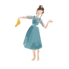 Naklejka premium woman in blue dress holding shoes